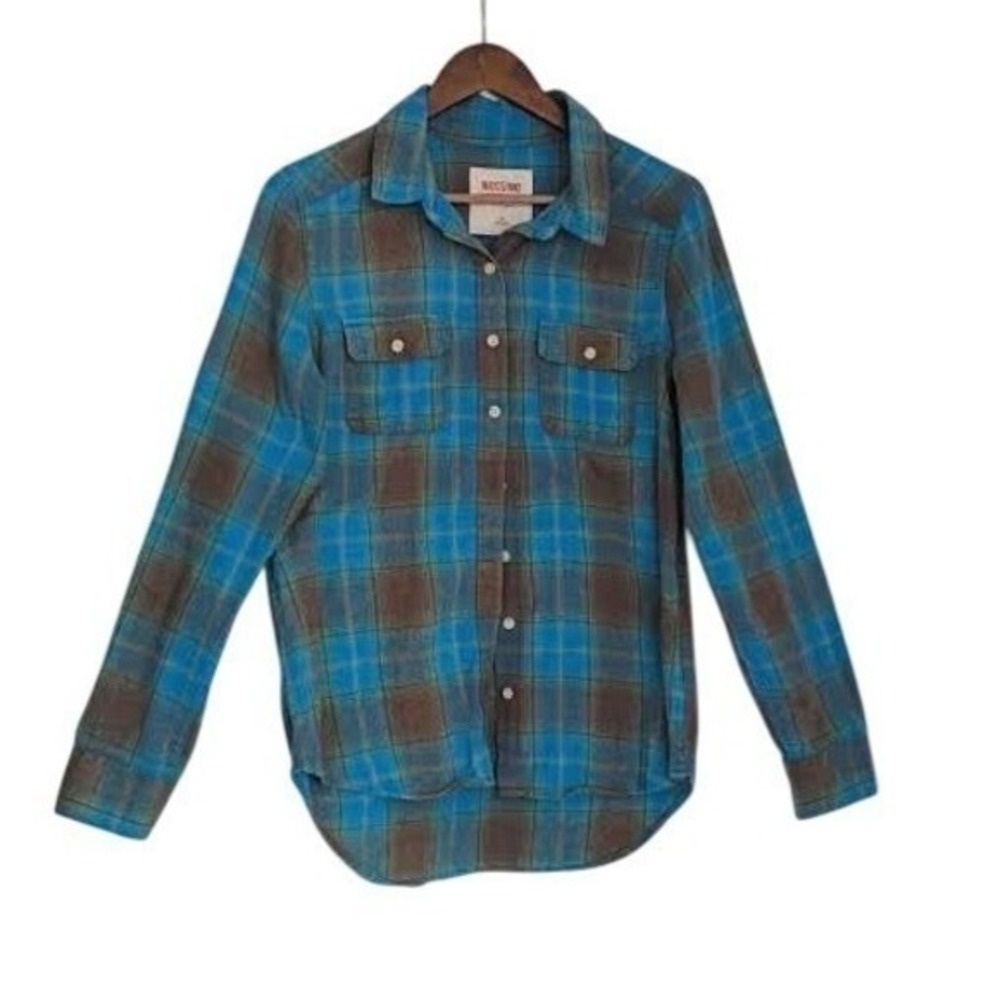 MOSSIMO‎ SUPPLY CO Plaid Flannel Button Up Shirt Blue Brown L Cotton Blen